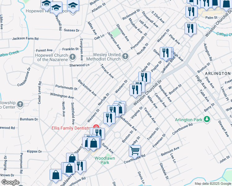 map of restaurants, bars, coffee shops, grocery stores, and more near 3110 Western Street in Hopewell