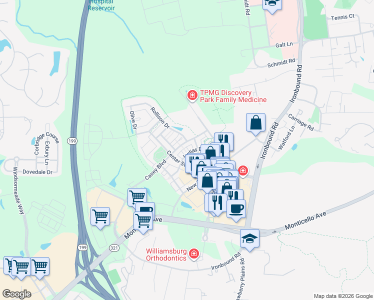 map of restaurants, bars, coffee shops, grocery stores, and more near 5602 Foundation Street in Williamsburg