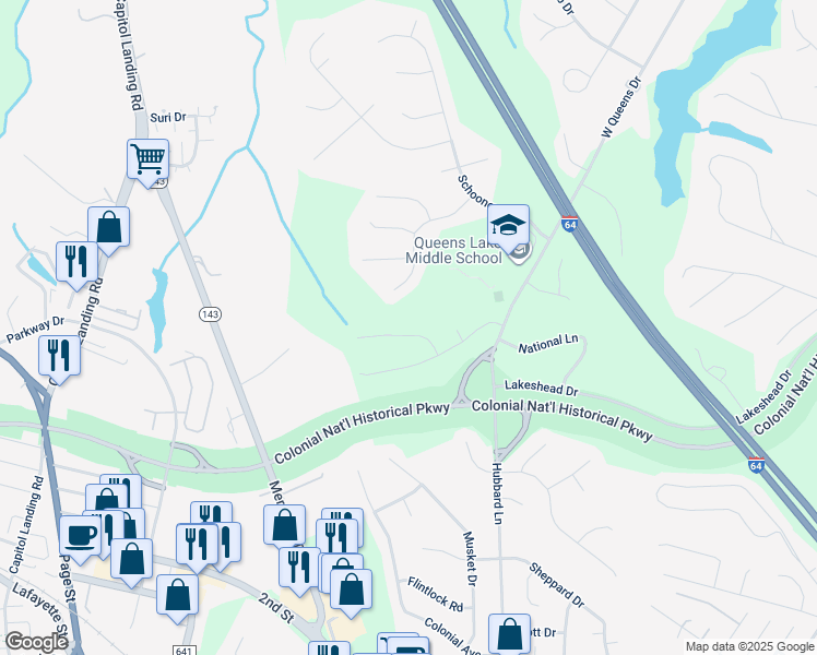map of restaurants, bars, coffee shops, grocery stores, and more near 106 Queen Anne Drive in Williamsburg