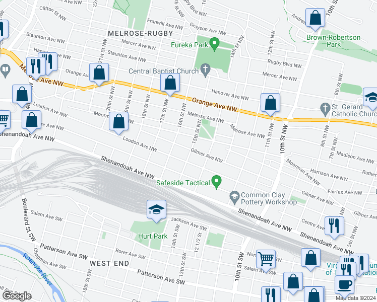 map of restaurants, bars, coffee shops, grocery stores, and more near 1420 Gilmer Avenue Northwest in Roanoke