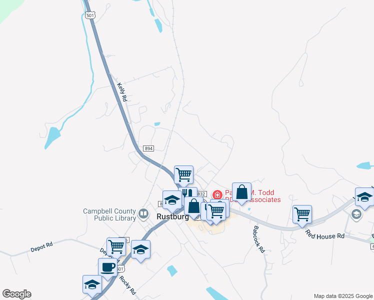 map of restaurants, bars, coffee shops, grocery stores, and more near 77 Red Bird Lane in Rustburg
