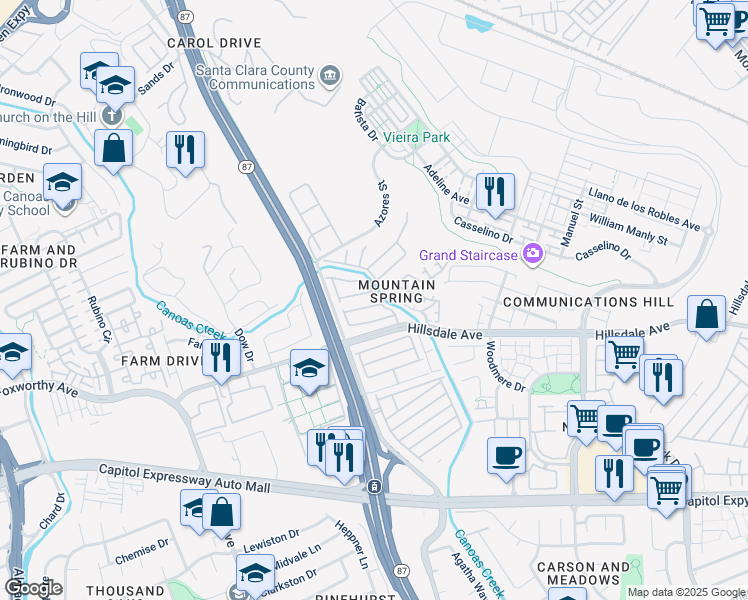 map of restaurants, bars, coffee shops, grocery stores, and more near 119 Mountain Springs Drive in San Jose