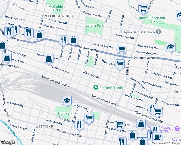 map of restaurants, bars, coffee shops, grocery stores, and more near 1420 Gilmer Avenue Northwest in Roanoke