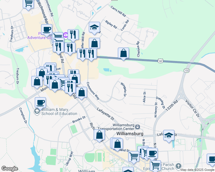 map of restaurants, bars, coffee shops, grocery stores, and more near 104 Marshall Way in Williamsburg