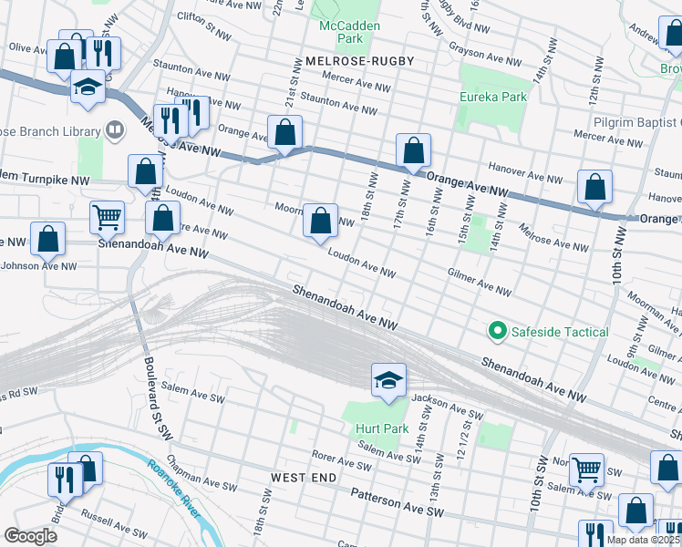 map of restaurants, bars, coffee shops, grocery stores, and more near 1802 Centre Avenue Northwest in Roanoke