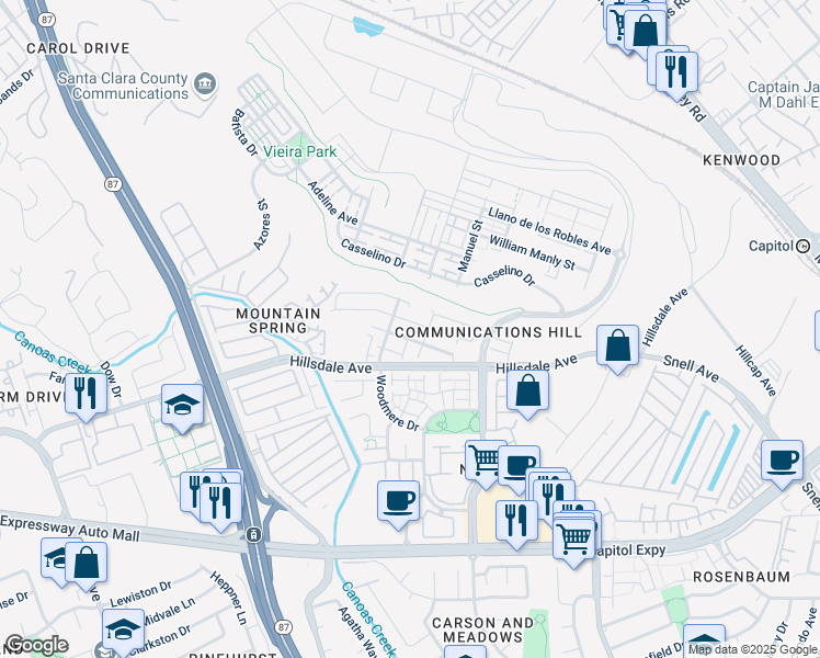 map of restaurants, bars, coffee shops, grocery stores, and more near 458 Marble Arch Avenue in San Jose