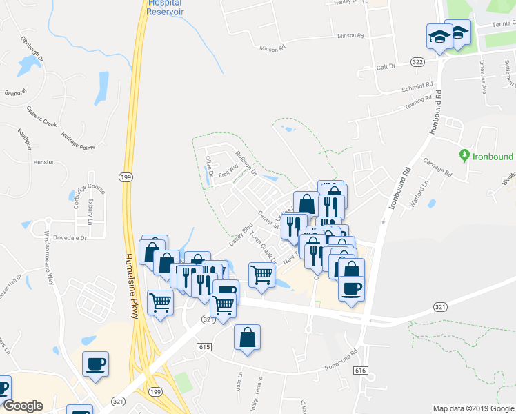 map of restaurants, bars, coffee shops, grocery stores, and more near 5408 Center Street in Williamsburg