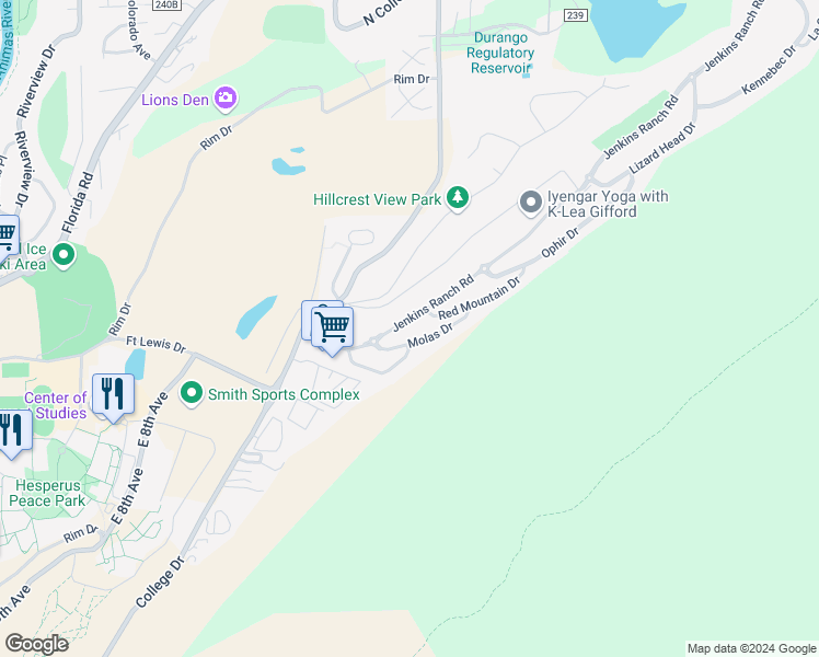 map of restaurants, bars, coffee shops, grocery stores, and more near 1-9 Molas Drive in Durango