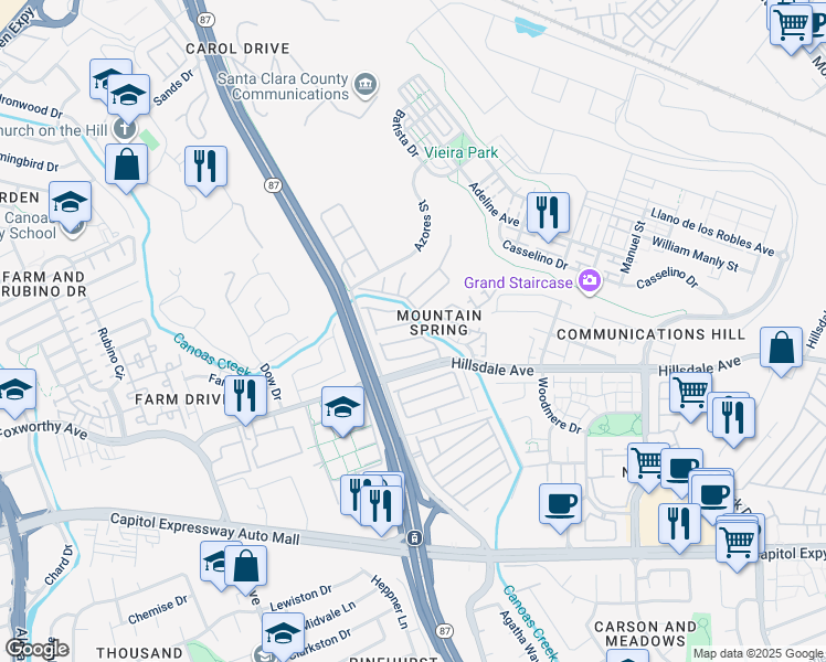 map of restaurants, bars, coffee shops, grocery stores, and more near 119 Mountain Springs Drive in San Jose