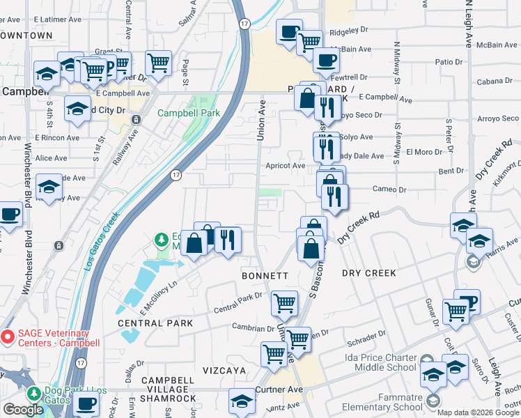 map of restaurants, bars, coffee shops, grocery stores, and more near 386 Union Avenue in Campbell