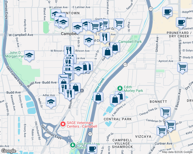 map of restaurants, bars, coffee shops, grocery stores, and more near 512 Railway Avenue in Campbell