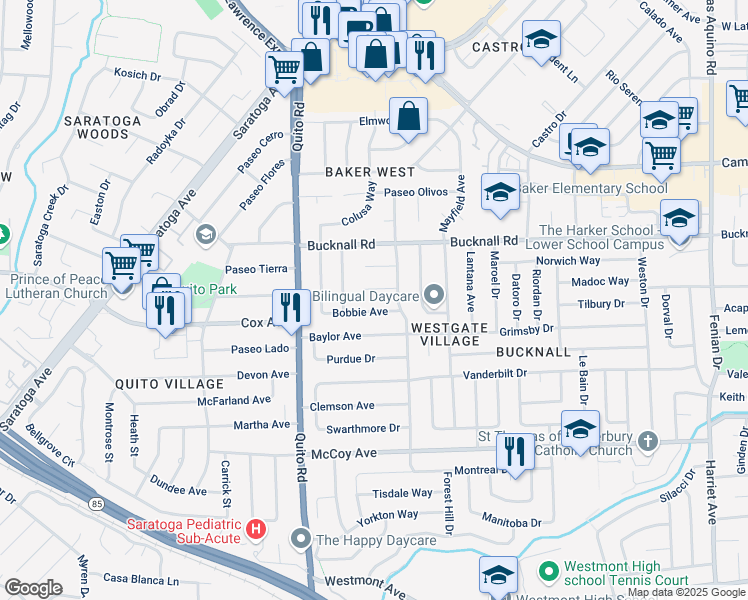 map of restaurants, bars, coffee shops, grocery stores, and more near 5094 Bobbie Avenue in San Jose