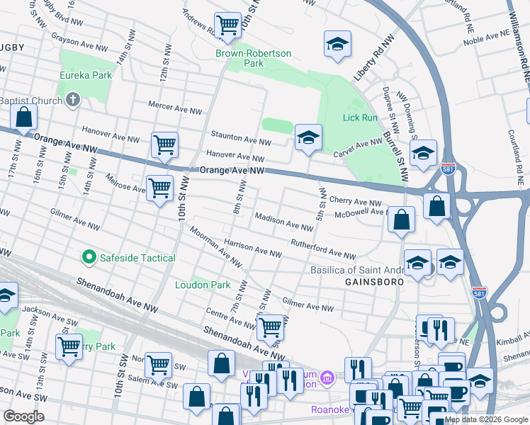 map of restaurants, bars, coffee shops, grocery stores, and more near 620 Madison Avenue Northwest in Roanoke