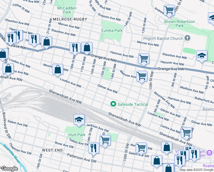 map of restaurants, bars, coffee shops, grocery stores, and more near 1420 Gilmer Avenue Northwest in Roanoke