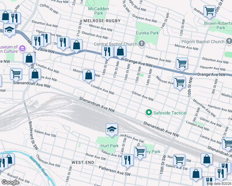 map of restaurants, bars, coffee shops, grocery stores, and more near 1612 Loudon Ave NW in Roanoke