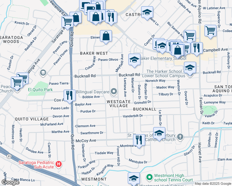 map of restaurants, bars, coffee shops, grocery stores, and more near 2259 Camrose Avenue in San Jose