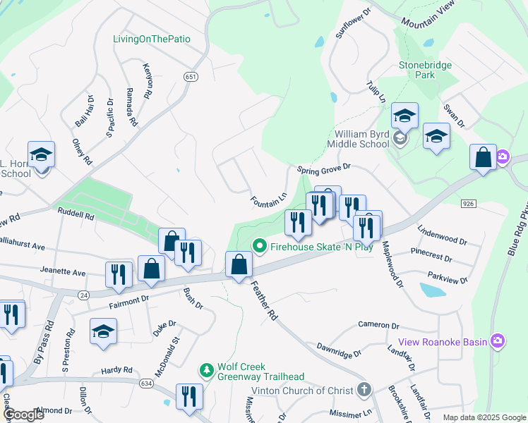 map of restaurants, bars, coffee shops, grocery stores, and more near 2536 Fountain Lane in Vinton
