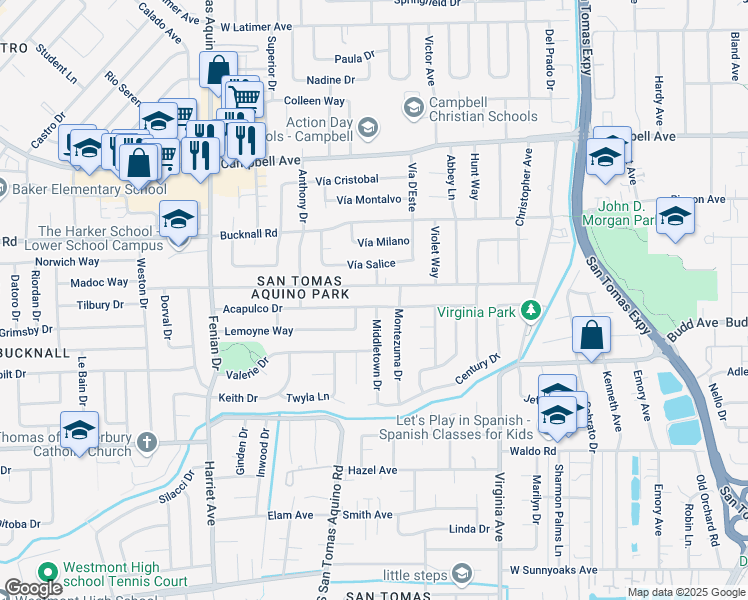 map of restaurants, bars, coffee shops, grocery stores, and more near 3887 Acapulco Drive in Campbell