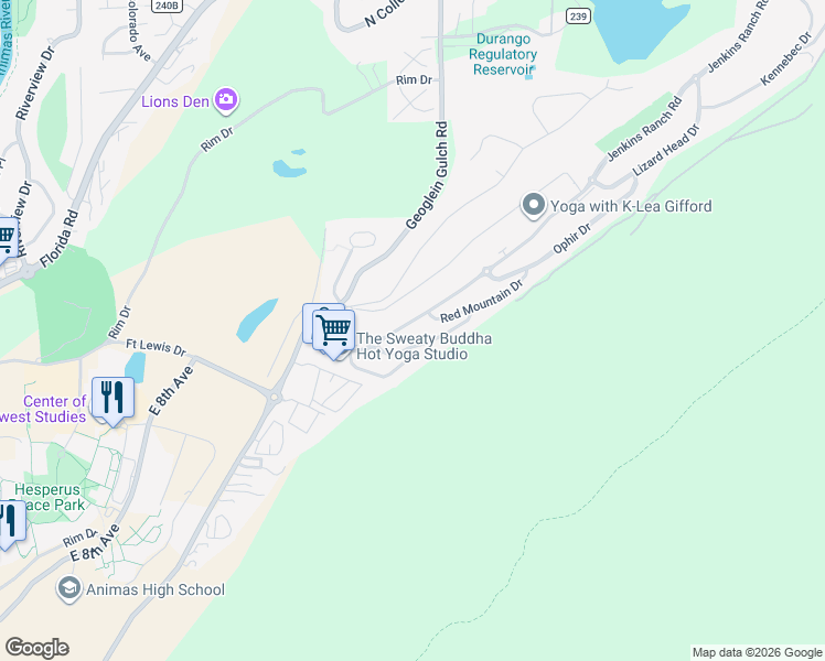 map of restaurants, bars, coffee shops, grocery stores, and more near 1-9 Molas Drive in Durango