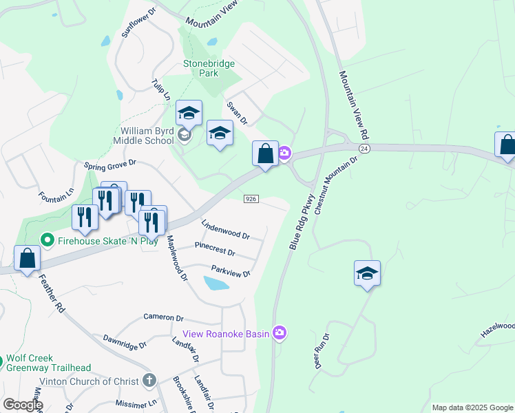 map of restaurants, bars, coffee shops, grocery stores, and more near 2945 Baker Drive in Vinton