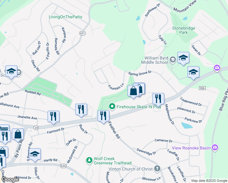 map of restaurants, bars, coffee shops, grocery stores, and more near 2536 Fountain Lane in Vinton