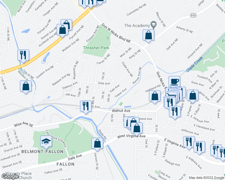 map of restaurants, bars, coffee shops, grocery stores, and more near 598 Vale Avenue in Vinton