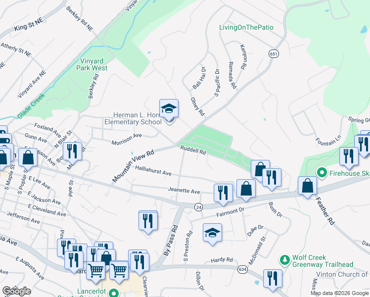 map of restaurants, bars, coffee shops, grocery stores, and more near Ruddell Road in Vinton