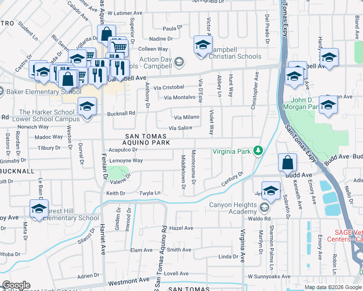 map of restaurants, bars, coffee shops, grocery stores, and more near 3887 Acapulco Drive in Campbell