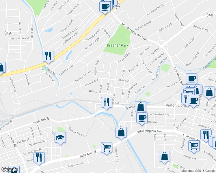 map of restaurants, bars, coffee shops, grocery stores, and more near 301 9th Street in Vinton