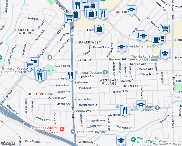 map of restaurants, bars, coffee shops, grocery stores, and more near 5094 Bobbie Avenue in San Jose