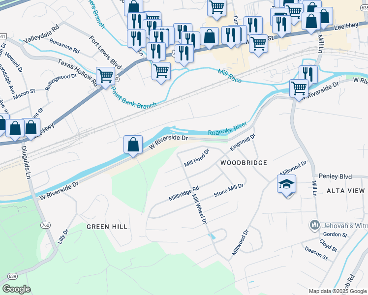 map of restaurants, bars, coffee shops, grocery stores, and more near 1746 Stone Mill Drive in Salem