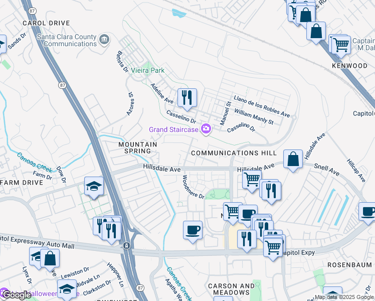 map of restaurants, bars, coffee shops, grocery stores, and more near 505 Tower Hill Avenue in San Jose