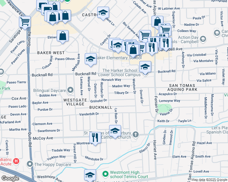 map of restaurants, bars, coffee shops, grocery stores, and more near 4598 Tilbury Drive in San Jose