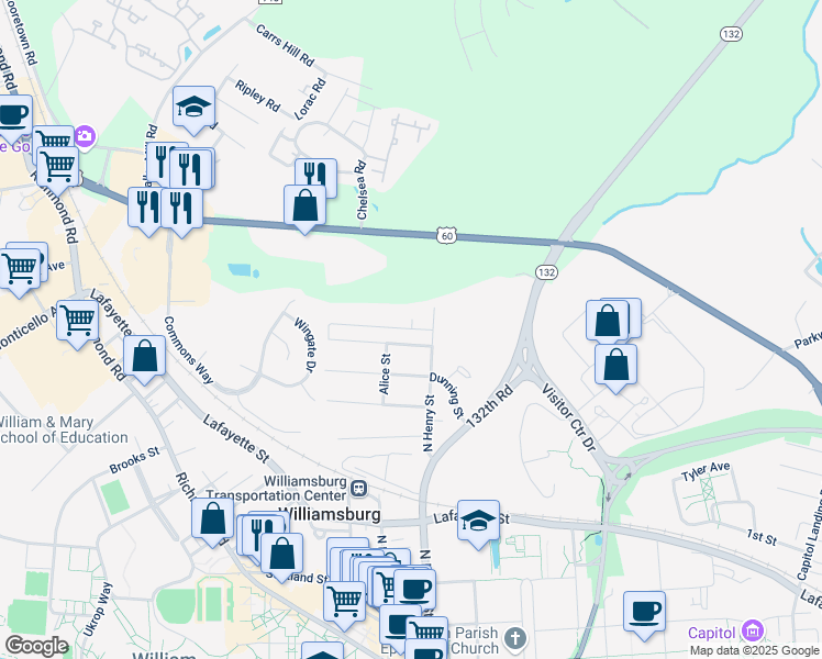 map of restaurants, bars, coffee shops, grocery stores, and more near 430 Henderson Street in Williamsburg