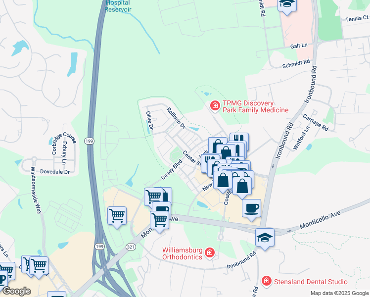 map of restaurants, bars, coffee shops, grocery stores, and more near 5408 Center Street in Williamsburg