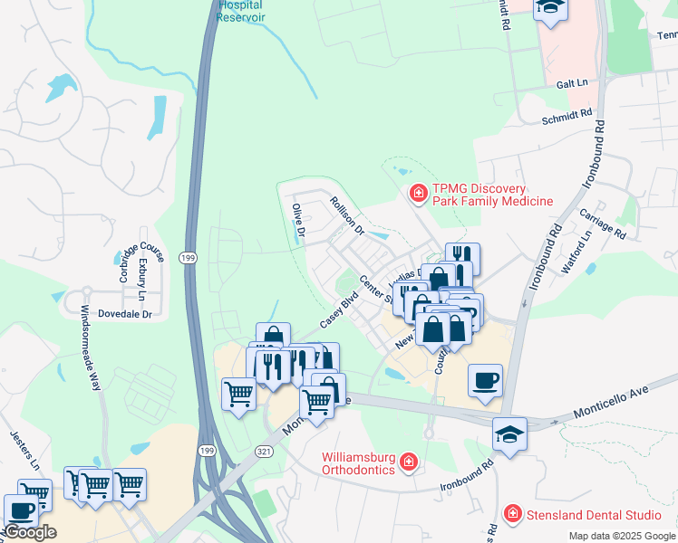 map of restaurants, bars, coffee shops, grocery stores, and more near 4331 Audrey Lane in Williamsburg