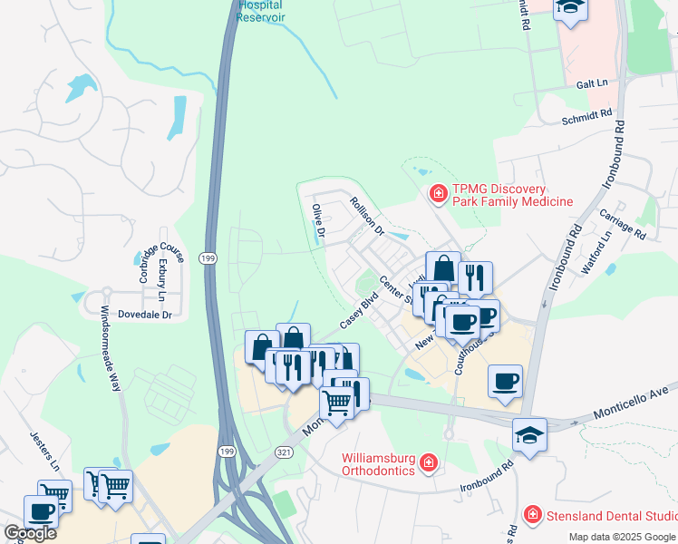 map of restaurants, bars, coffee shops, grocery stores, and more near 4325 Candace Lane in Williamsburg