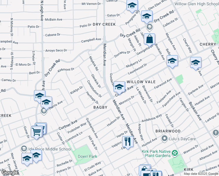 map of restaurants, bars, coffee shops, grocery stores, and more near 2322 Meridian Avenue in San Jose