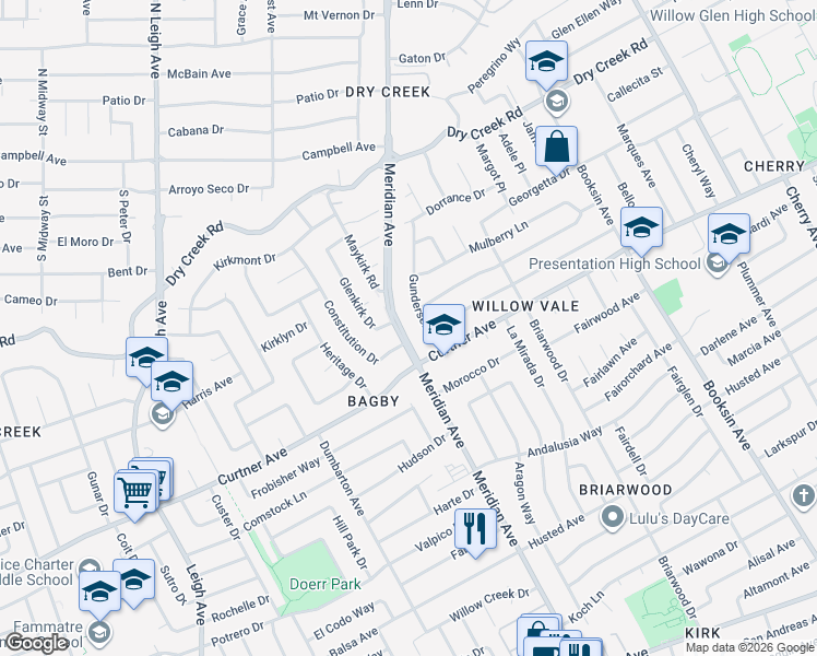 map of restaurants, bars, coffee shops, grocery stores, and more near 2322 Meridian Avenue in San Jose