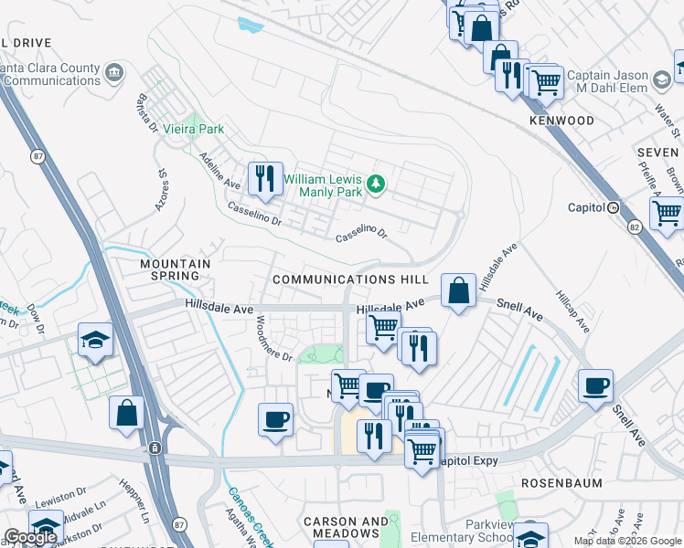 map of restaurants, bars, coffee shops, grocery stores, and more near 3415 Vittoria Place in San Jose