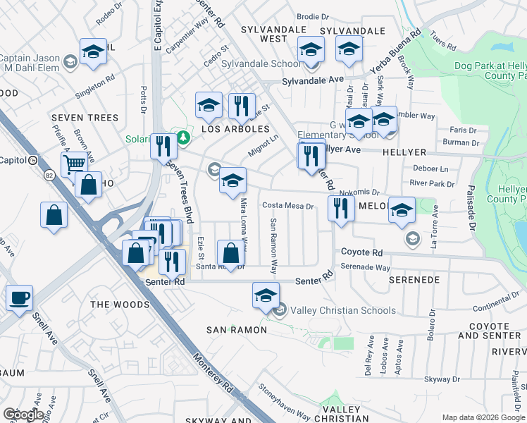 map of restaurants, bars, coffee shops, grocery stores, and more near 4016 San Bernardino Way in San Jose