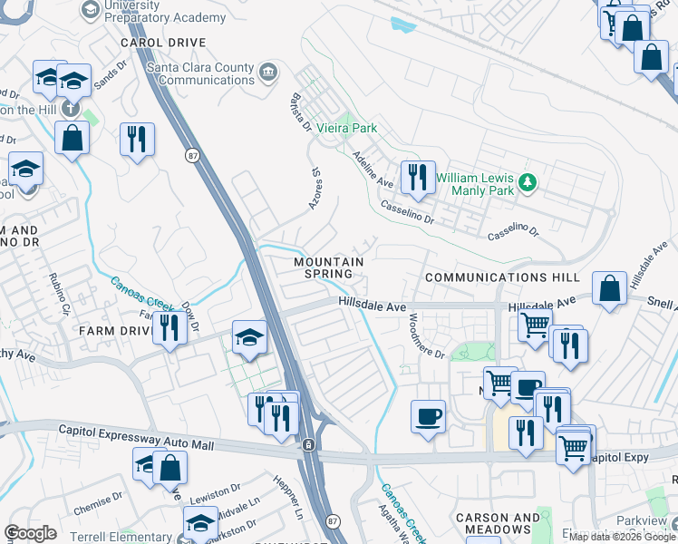 map of restaurants, bars, coffee shops, grocery stores, and more near 3164 Heather Ridge Drive in San Jose
