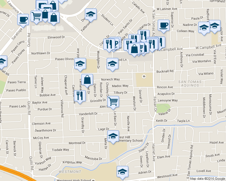 map of restaurants, bars, coffee shops, grocery stores, and more near 4598 Tilbury Drive in San Jose