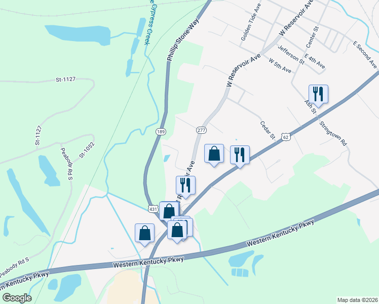 map of restaurants, bars, coffee shops, grocery stores, and more near 109-117 Shady Oak Drive in Central City