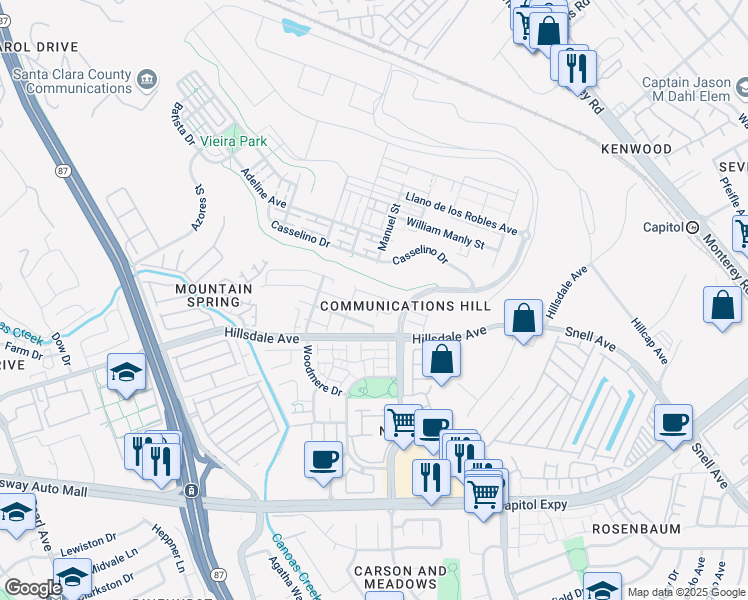 map of restaurants, bars, coffee shops, grocery stores, and more near 356 Mullinix Way in San Jose