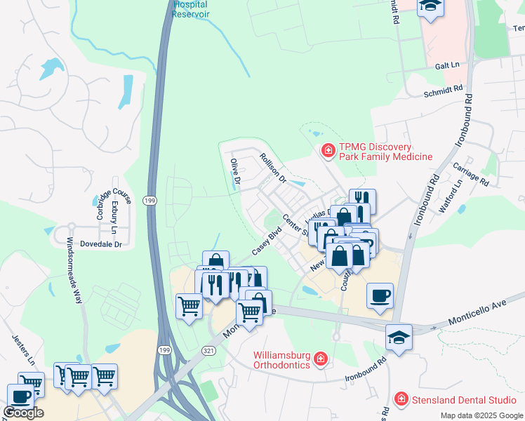 map of restaurants, bars, coffee shops, grocery stores, and more near 4314 Audrey Lane in Williamsburg