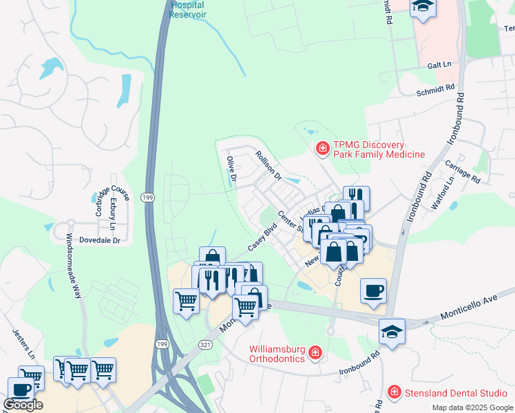 map of restaurants, bars, coffee shops, grocery stores, and more near 4314 Audrey Lane in Williamsburg