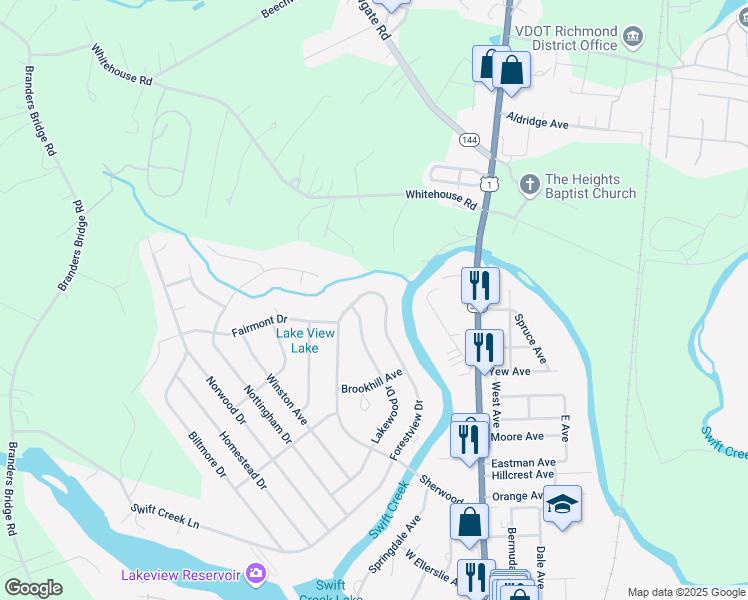 map of restaurants, bars, coffee shops, grocery stores, and more near 1018 Forestview Drive in Colonial Heights