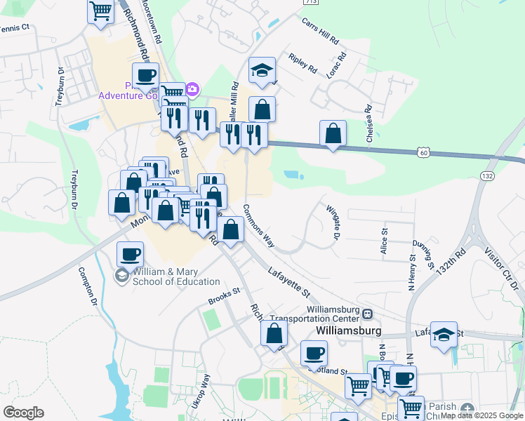 map of restaurants, bars, coffee shops, grocery stores, and more near 103 Stratford Drive in Williamsburg