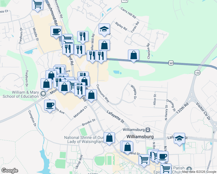 map of restaurants, bars, coffee shops, grocery stores, and more near 105 Stratford Drive in Williamsburg